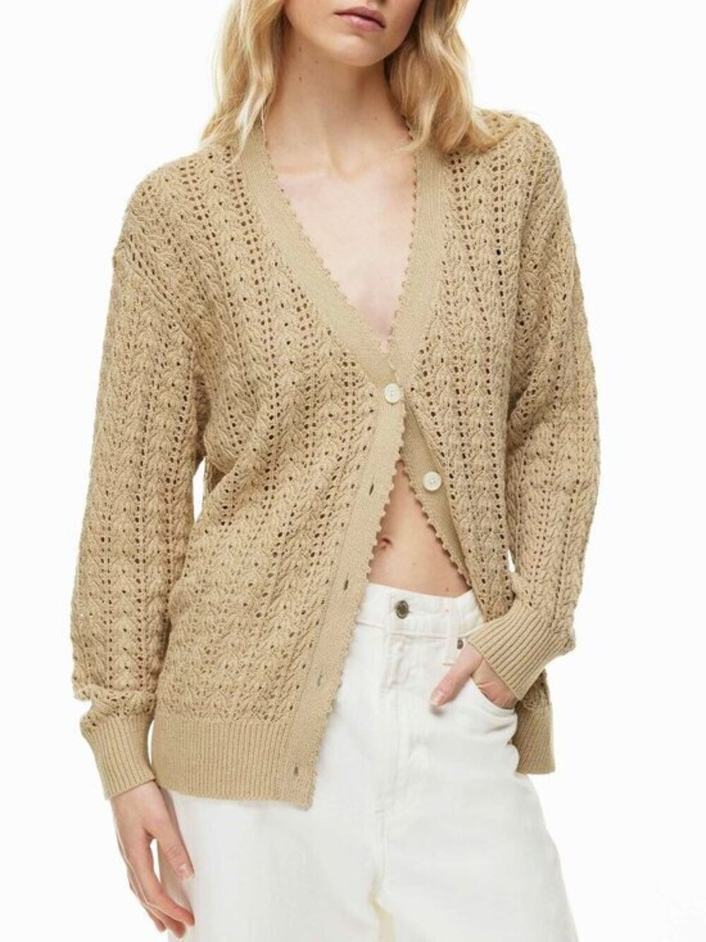 New Aritzia Reverence Cotton Crochet Cardigan Humus Beige XS $138
